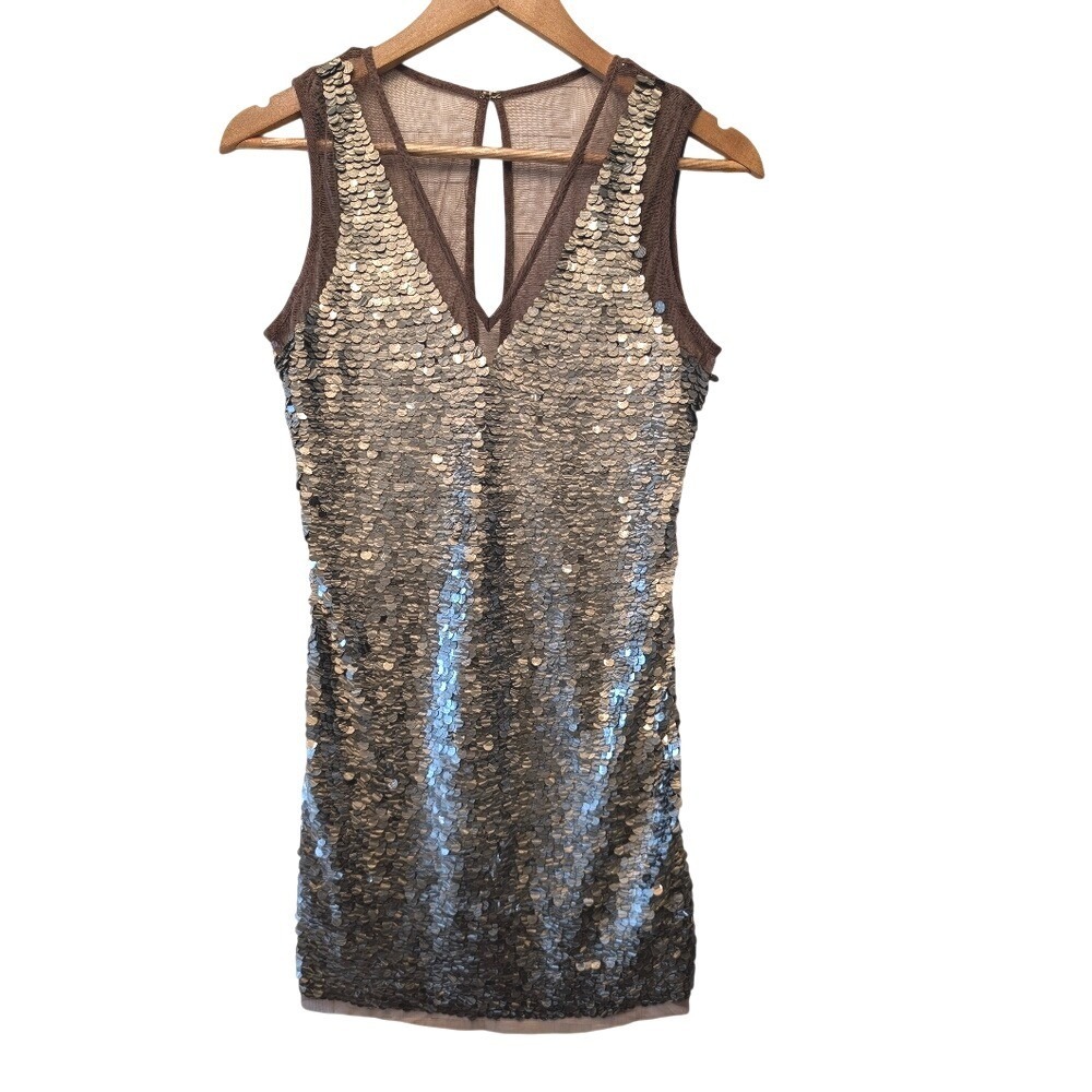 Monique‎ Leshman Brown Mesh Silver Sequin V-Neck Sleeveless Mini Dress Medium